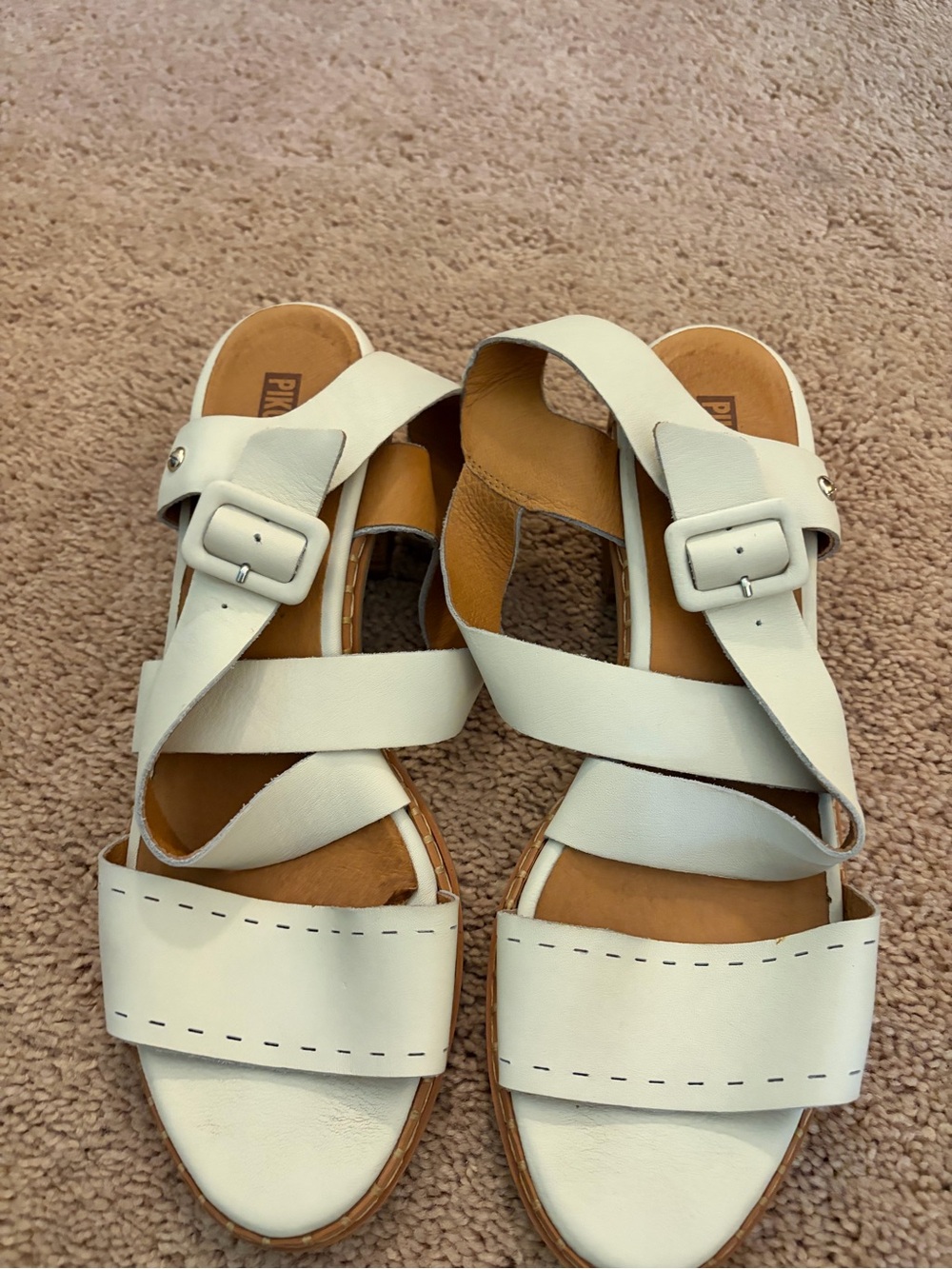 PIKOLINOS White Leather Strappy Buckle Sandals